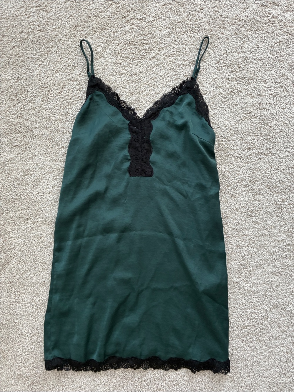 Silk-Feel Green Lace Trim Slip Dress